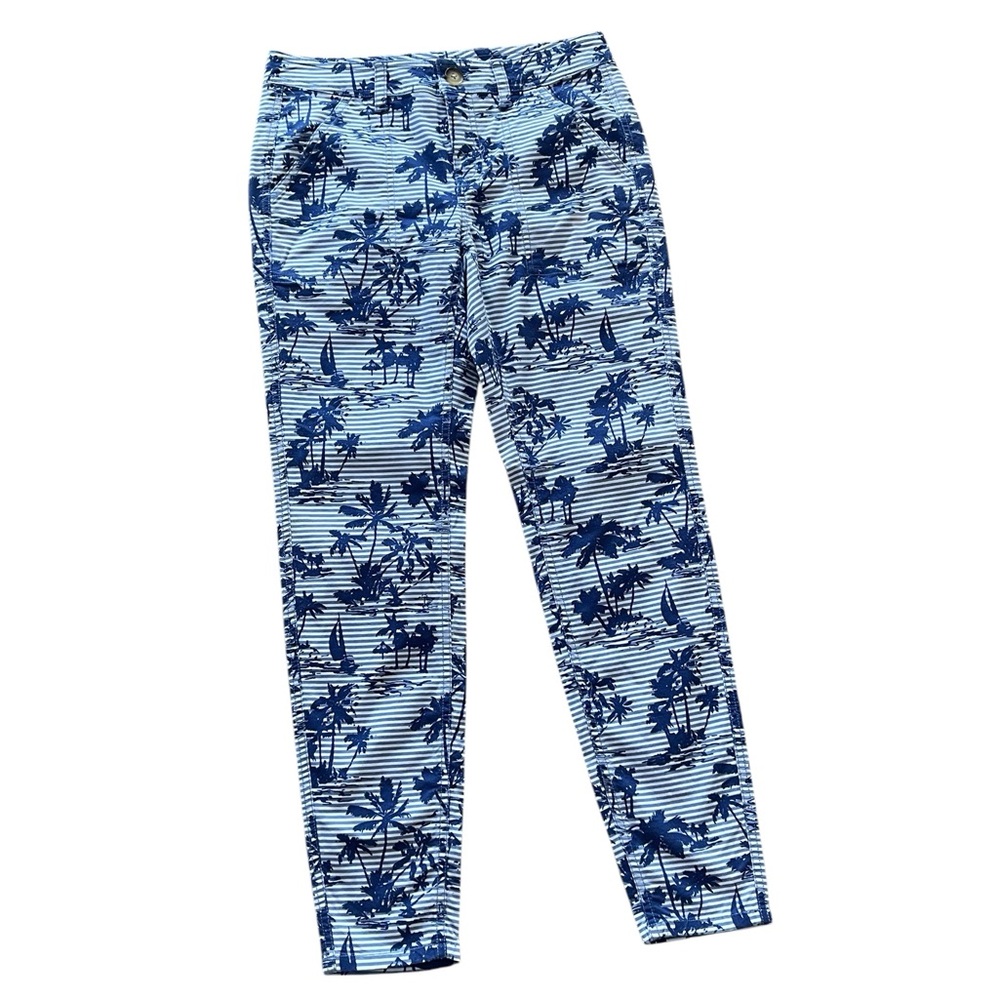 Vineland Vines Island Scene Skinny Cargo Ankle Pants Blue White Stripe Palm Sz 0